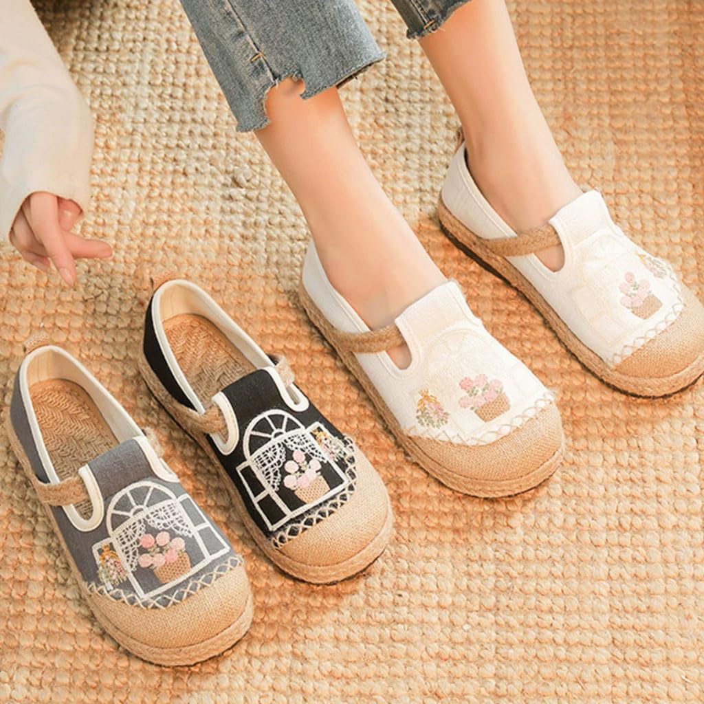 Espadryle dla kobiet, lniane buty damskie na lato z podeszwą z juty, ręcznie haftowane wygodne wsuwane buty na co dzień
