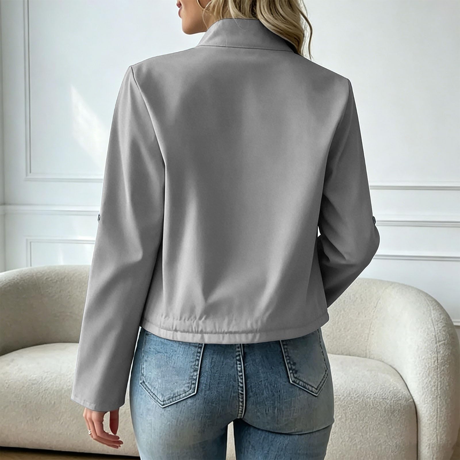 UHouse Bomberjacke Damen Kurzjacke Leichte Blouson Jacke Kurz Bequeme Outdoorjacke Freizeit Arbeitsjacke Lässig Damenjacken mit Brusttasche Cabanjacke Y2k Windjacke Modische Herbstjacke