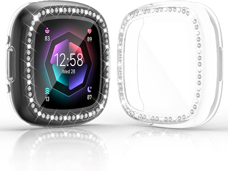 2-Pack RICHONE Compatible with Fitbit Versa 4 & Sense 2 (2022) Screen Protector Case, Bling Diamonds Cover Soft TPU Bumper Smartwatch Accessories(Clear x 2, Versa 4 & Sense 2 Watch)