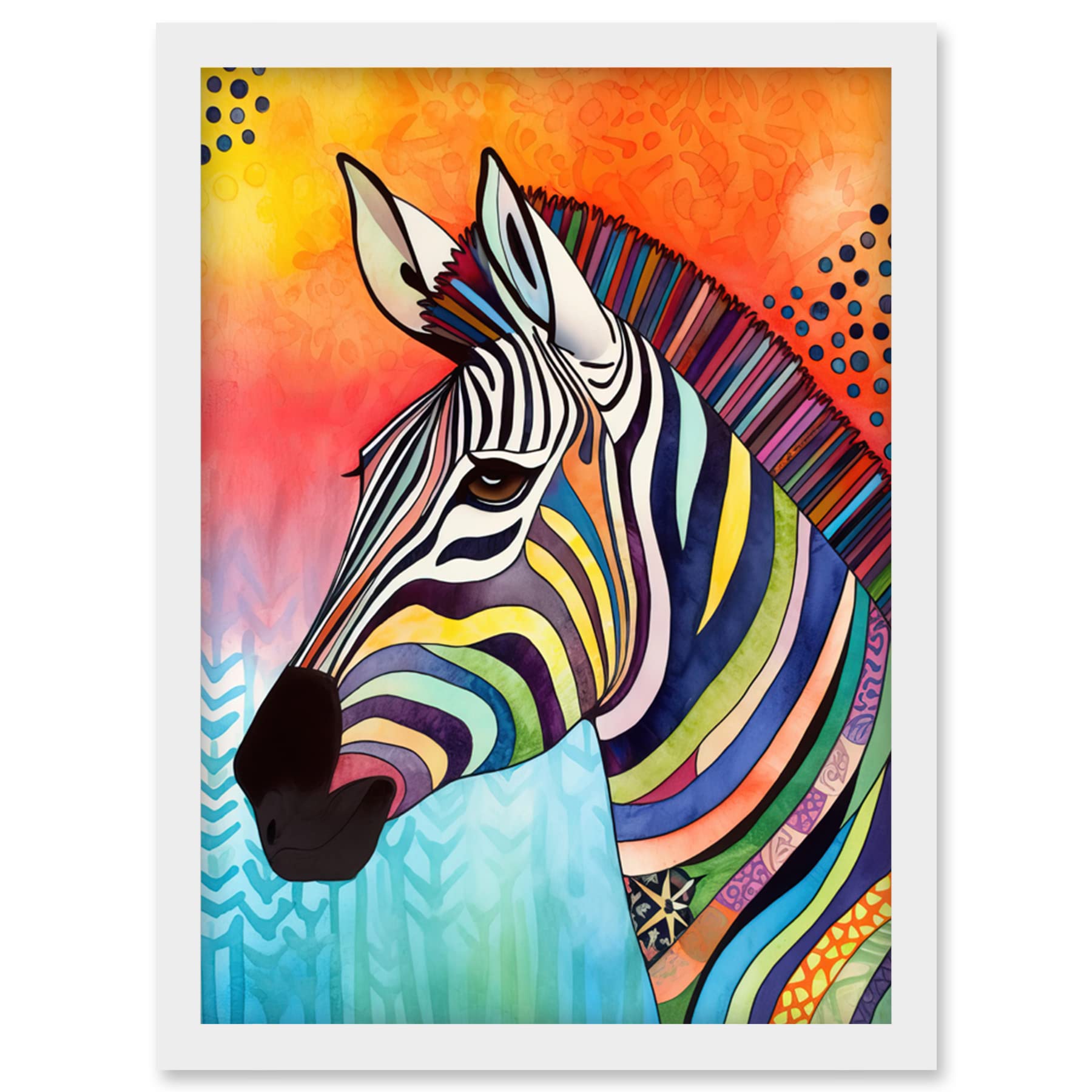 Artery8 Zebra Folk Art Bright Multicoloured Artwork Framed Wall Art Print A4