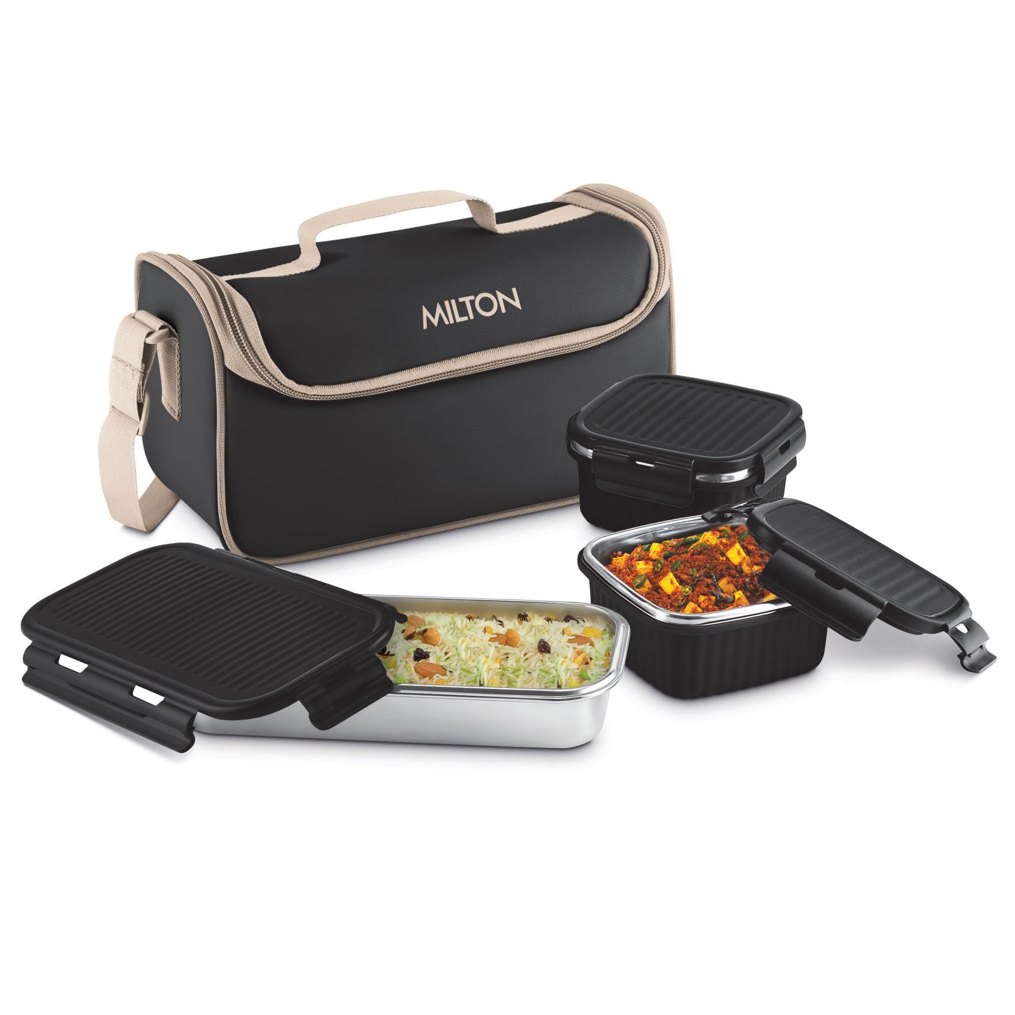 MILTON Lush Lunch Box I 1 Stainless Steel Container + 2 Microwave Safe - Cool Touch Body SS Container I BPA Free I Stylish Durable Jacket I Ideal for Office, School, Outdoor, Picnic, Black-image-26