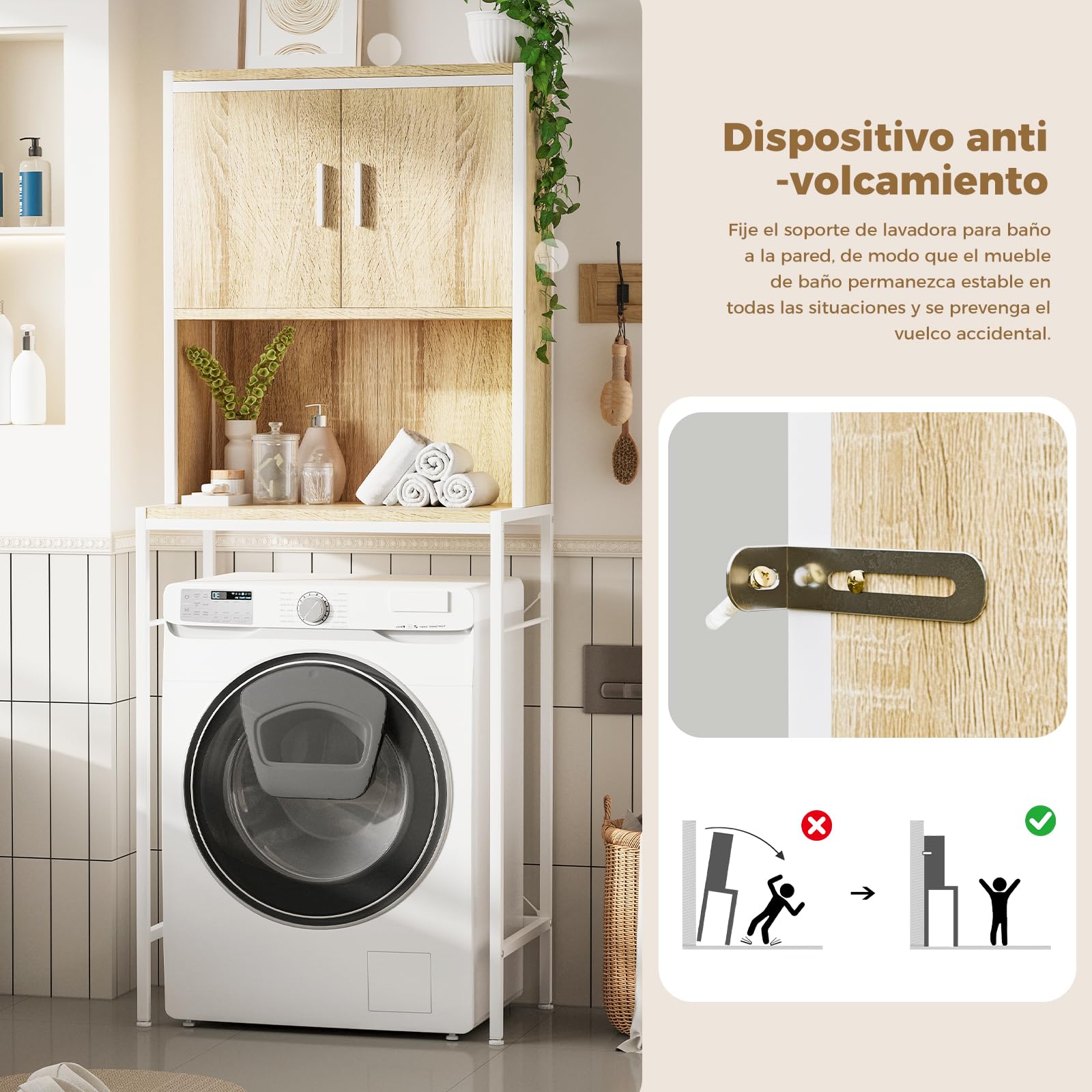 ELUCHANG Mobile Lavatrice,con Ante e Ripiano Aperto,mobile alto per bagno,Mobiletto Bagno Salvaspazio,Rovere Chiaro +Bianco,67x40x174cm