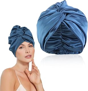Silk Hair Wrap for Sleeping,Hair Bonnet for Sleeping Night Sleep Cap Satin Bonnet Silk Bonnet with Elastic Stay on Head Silk Bonnet Sleep Cap for Curly Hair Short Hair-Blue