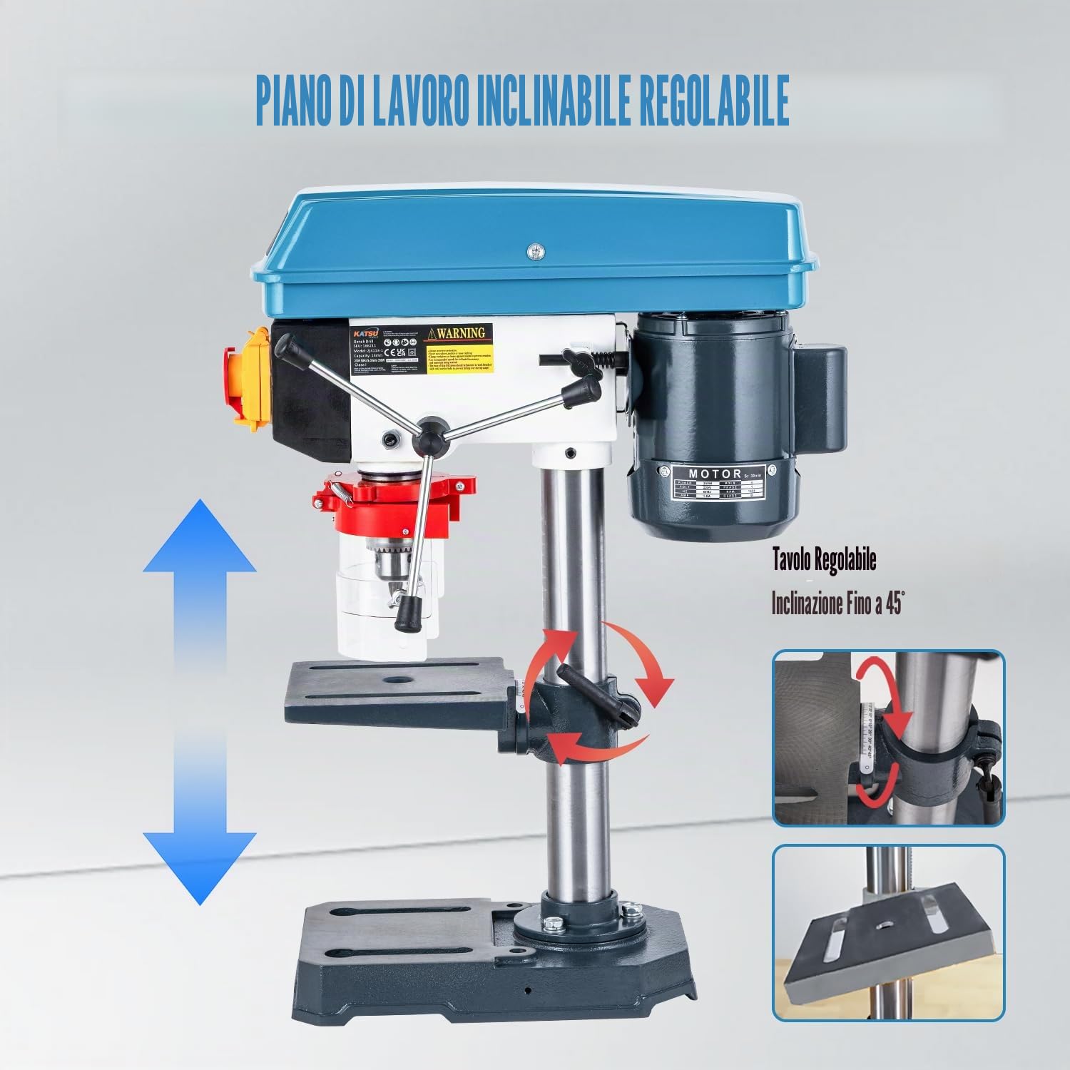 KATSU Tools Trapano a colonna 350 W – mandrino 13 mm, 5 velocità, profondità max 50 mm, 2650 giri/min, tavolo regolabile