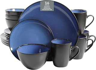Gibson Elite Soho Lounge 16-Piece Reactive Glaze Stoneware Dinnerware Set for 4, Blue - Microwave & Dishwasher Safe