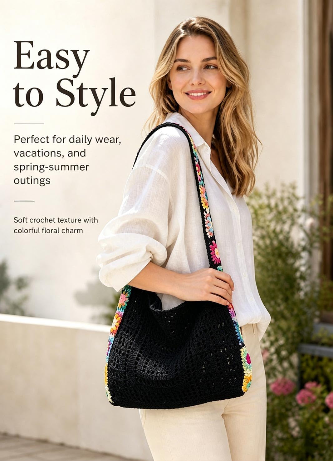 Crochet Tote Bag, Boho Knit Shoulder Purse for Summer Outfits