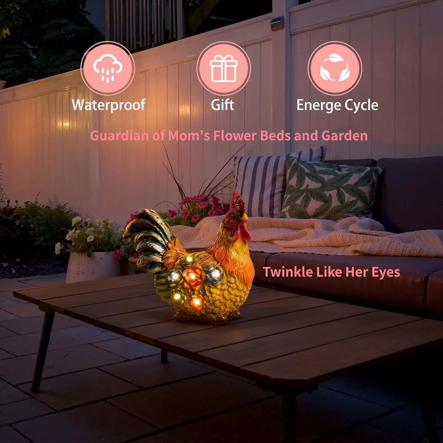 TAKE ME Womens Birthday Gifts Gardening Gifts Solar Light Rooster Decor for Women Mom Grandma Birthday Gifts
