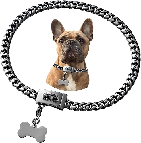 Collar de perro de acero inoxidable, collar de joyería de bulldog con encanto, impermeable, oro rosa, negro, plata, resistente, collar de perro