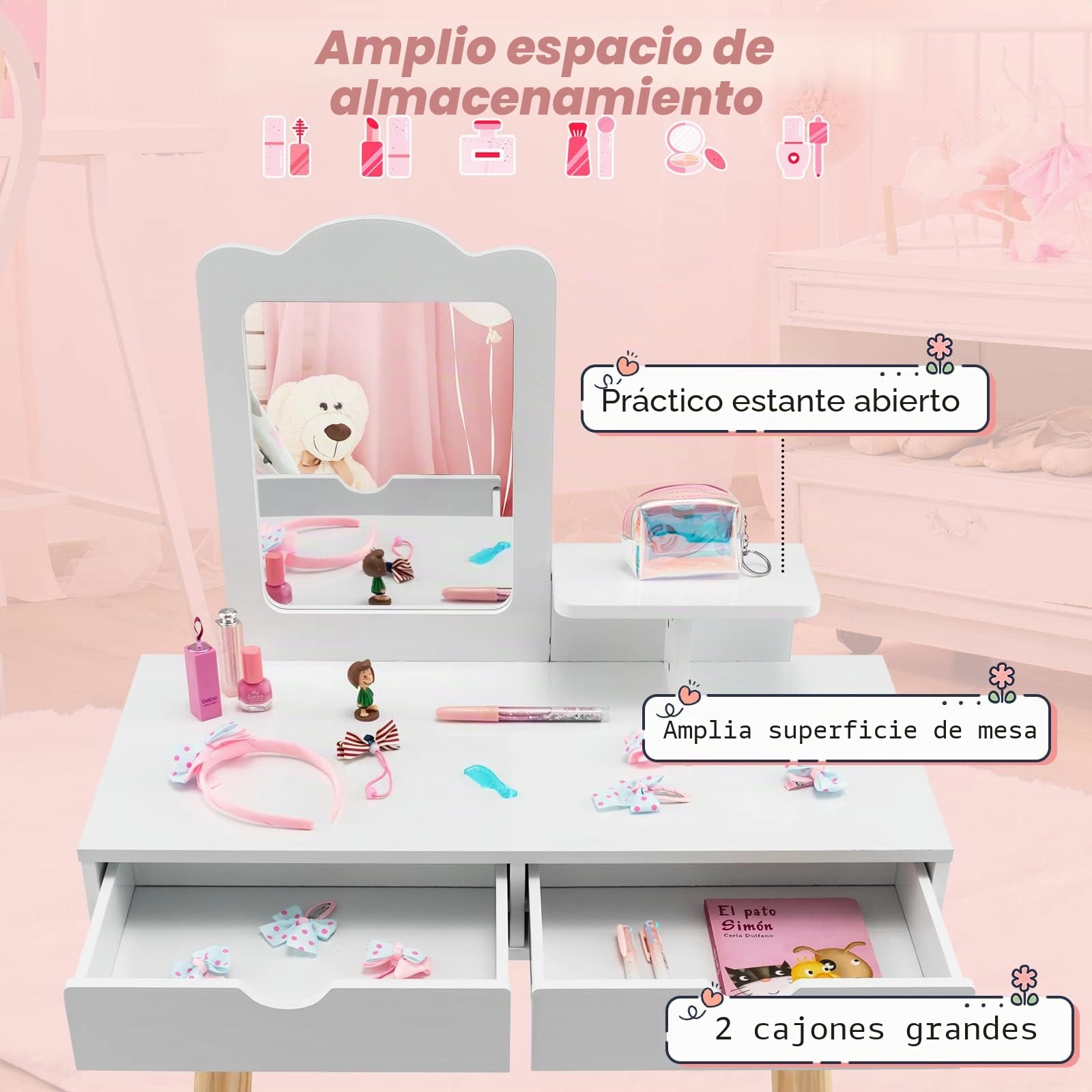 COSTWAY Juego de tocador para niños, 2 en 1, Escritorio y Taburete con Espejo extraíble, 2 cajones, Peine, tocador de Madera, para niñas de 3 a 7 años