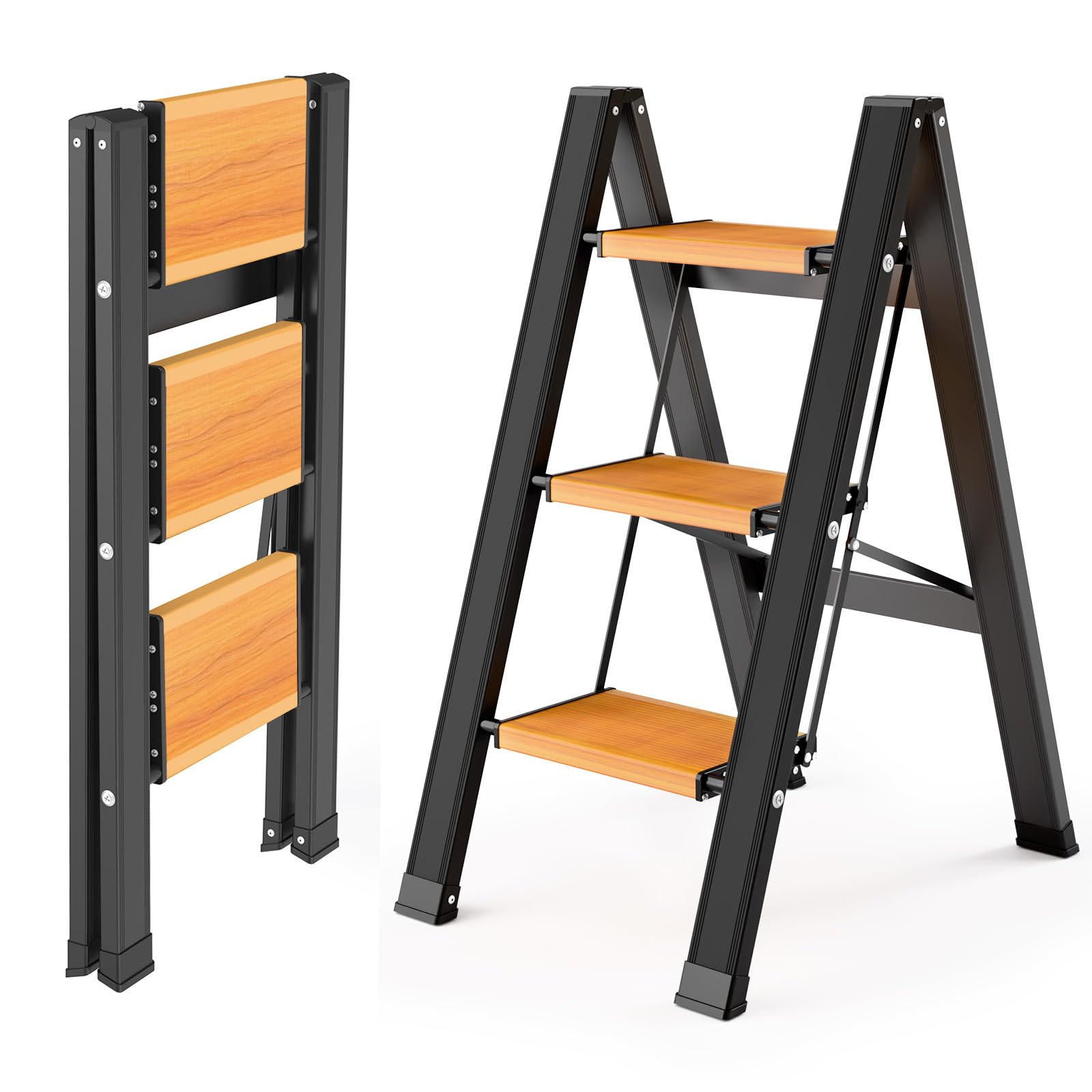 KULACO Escalera Plegable 3 Peldaños de Aluminio, con Peldaños Antideslizantes y Portátil hasta 150 kg, Diseño Elegante para Hogar, Cocina, Camping