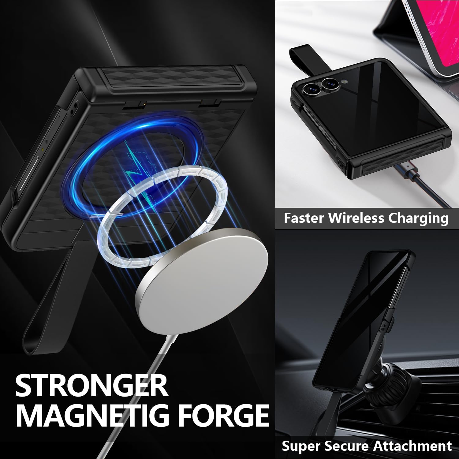 TIANNIUKE for Samsung Galaxy Z Flip 7 Case with Screen Protector,360°Rotatable Magnetic Ring Holder Stand with Silicone Strap,Fit for MagSafe [Non-Slip] Hinge Protective Phone Cases 3 (Black)