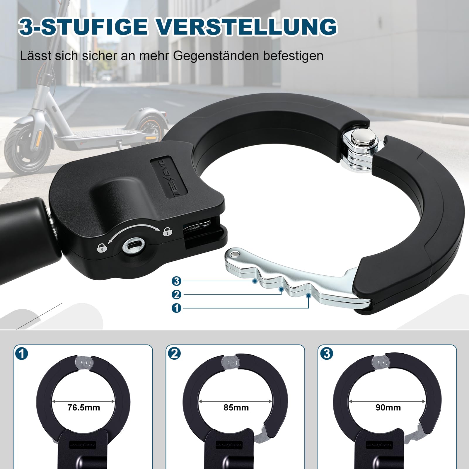 TECHCYC E-Scooter Schloss 8mm | Handschellenschloss 3 Stufen Verstellbare | Gehärteter Stahl | gegen Bolzenschneider | mit 2 Schlüsseln | für E-Scooter, Fahrrad & E-Bike