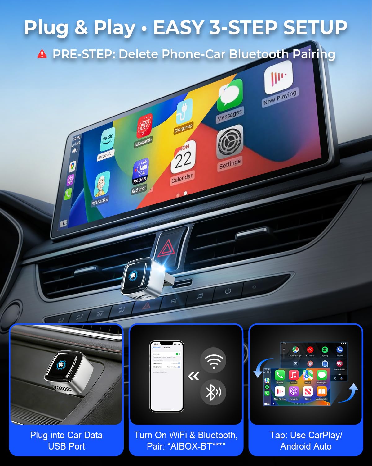 Wireless CarPlay Adapter & Android Auto Wireless Adapter,2-in-1 Plug & Play Fast Connect,Low Latency Mini Dongle, 1-Click Switch, Ultra-Stable & Compact for Apple iOS 10+ /Android 11+ /2016+ Cars - 5