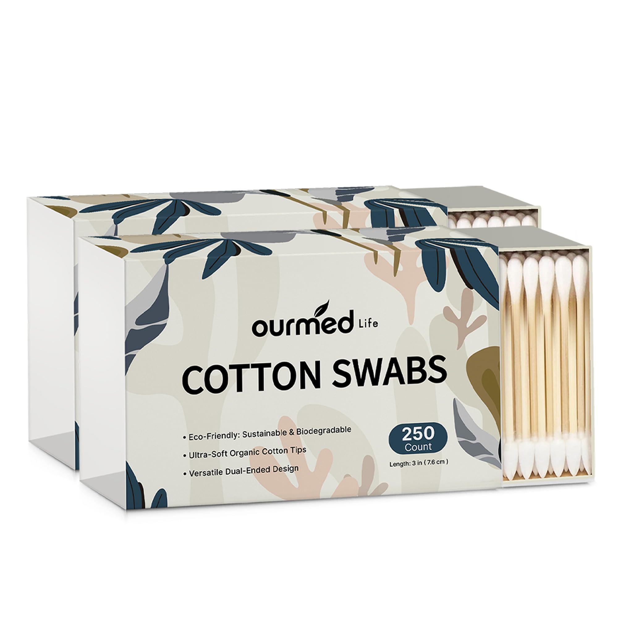 Ourmed Life Cotton Swabs - Biodegradable Bamboo Cotton Double-Tipped Cleaning Swabs with Pointed Round Tips Hypoallergenic for Ear