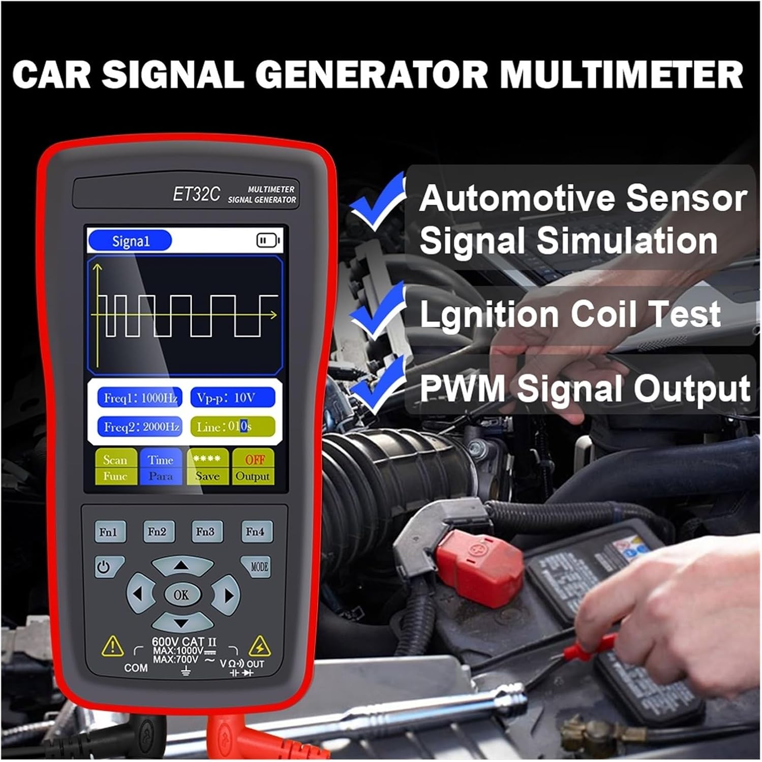 WLLKIY ET32C in automotive application, showing signal generation and multimeter functions