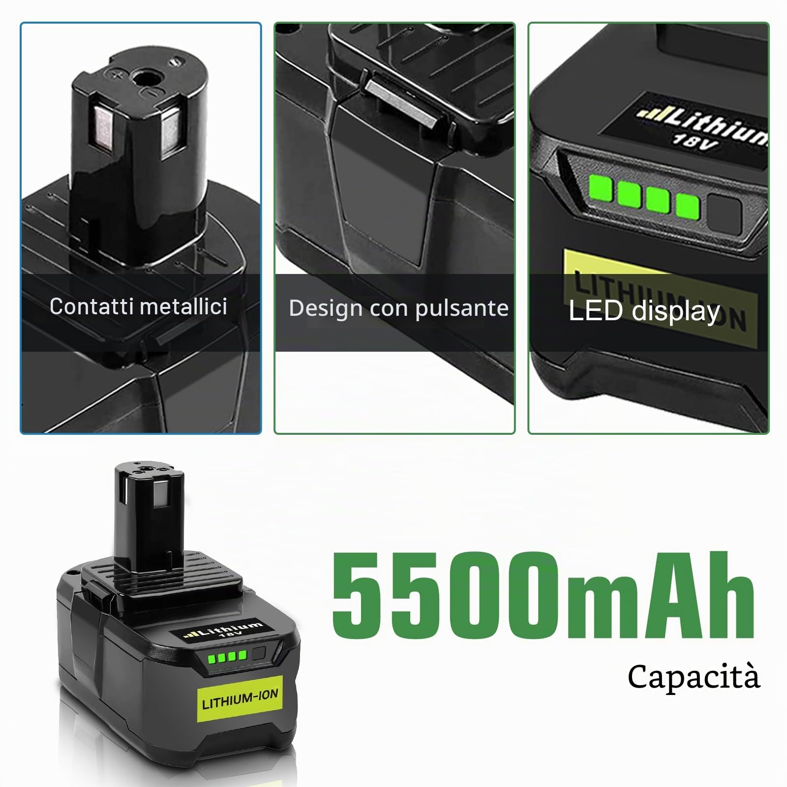 Ricambio Batteria per Ryobi 18V 5.5Ah e BCL14181H 9.6V-18V Caricatore RB18L50 RB18L40 RB18L30 RB18L25 RB18L20 RB18L15 P108 P18900 P1900 P191 P192 ecc