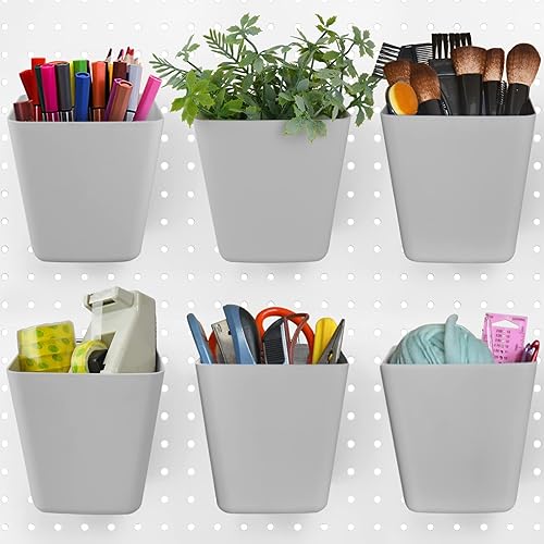 Paquete de 6 recipientes grandes para tablero de clavijas, con ganchos, color gris, cuadrado, para garaje, banco de trabajo, sala de manualidades,