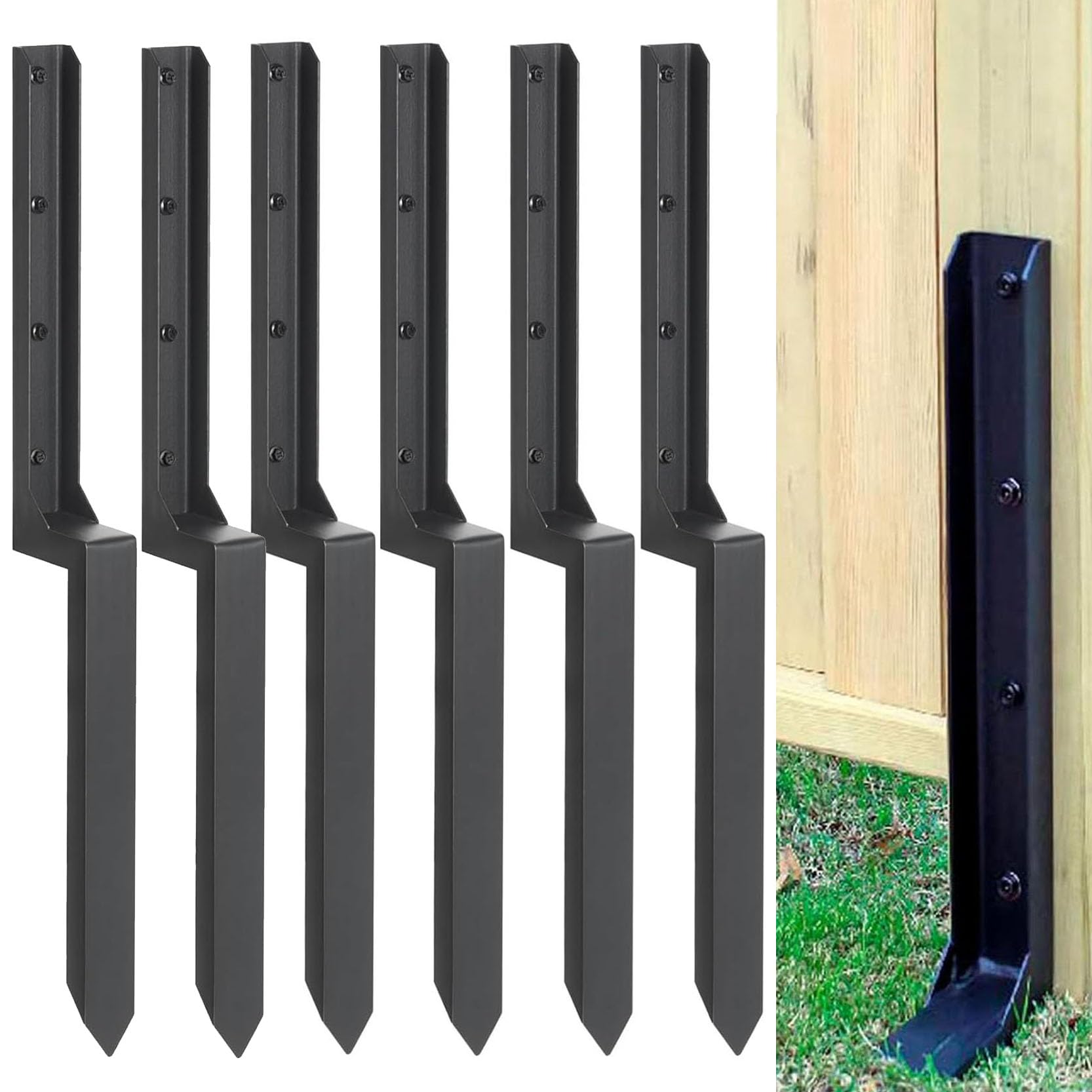 GOUZIBHD Heavy Duty Steel Ground Repair Stakes, Fence Post Stabilizer Kit, Fence Post Support Mailbox Post Anchor Bracket for Repairing Leaking Broken Wood Posts(Size:6 Pack)