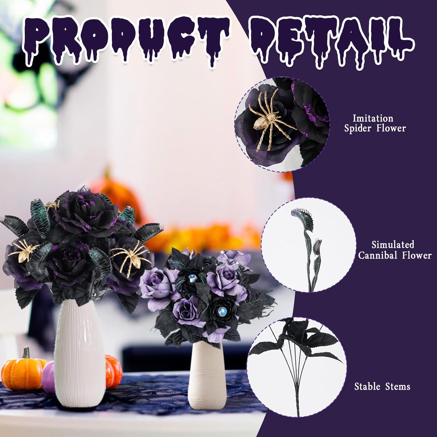 Halloween Bouquet Spider Artificial Roses Flowers,Fake Roses Faux Black Purple Roses for Halloween,Vase Arrgements Table Decoration