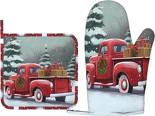 Miniatura 8 de Manoplas para horno, juego de soportes para ollas de Navidad, camión rojo, muñeco de nieve, guantes de horno de silicona, copo de nieve, árbol de