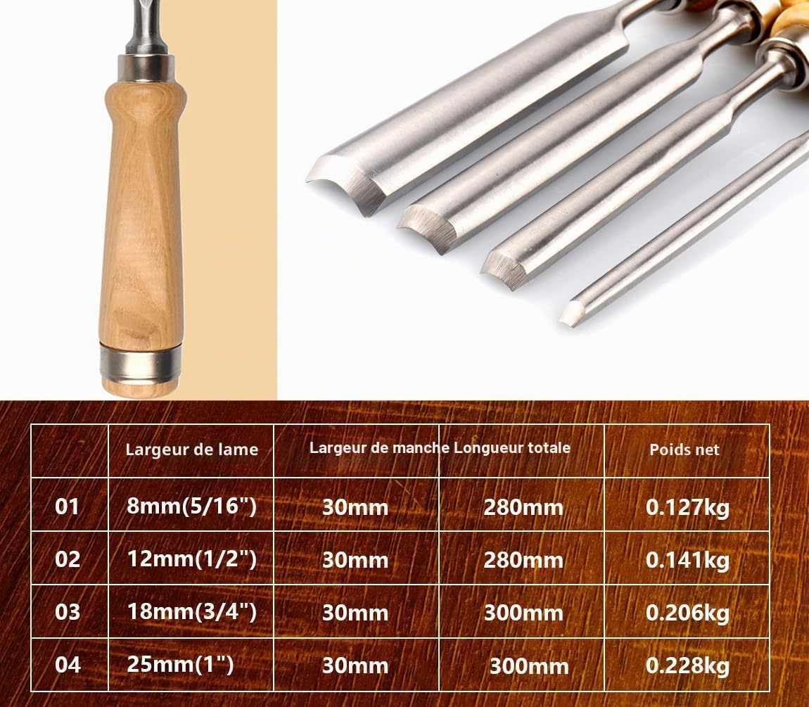 ATOPLEE Lot de 4 burins à bois professionnels CR-V lame semi-circulaire millimètre 8/12/18/25 mm outil de charpentier