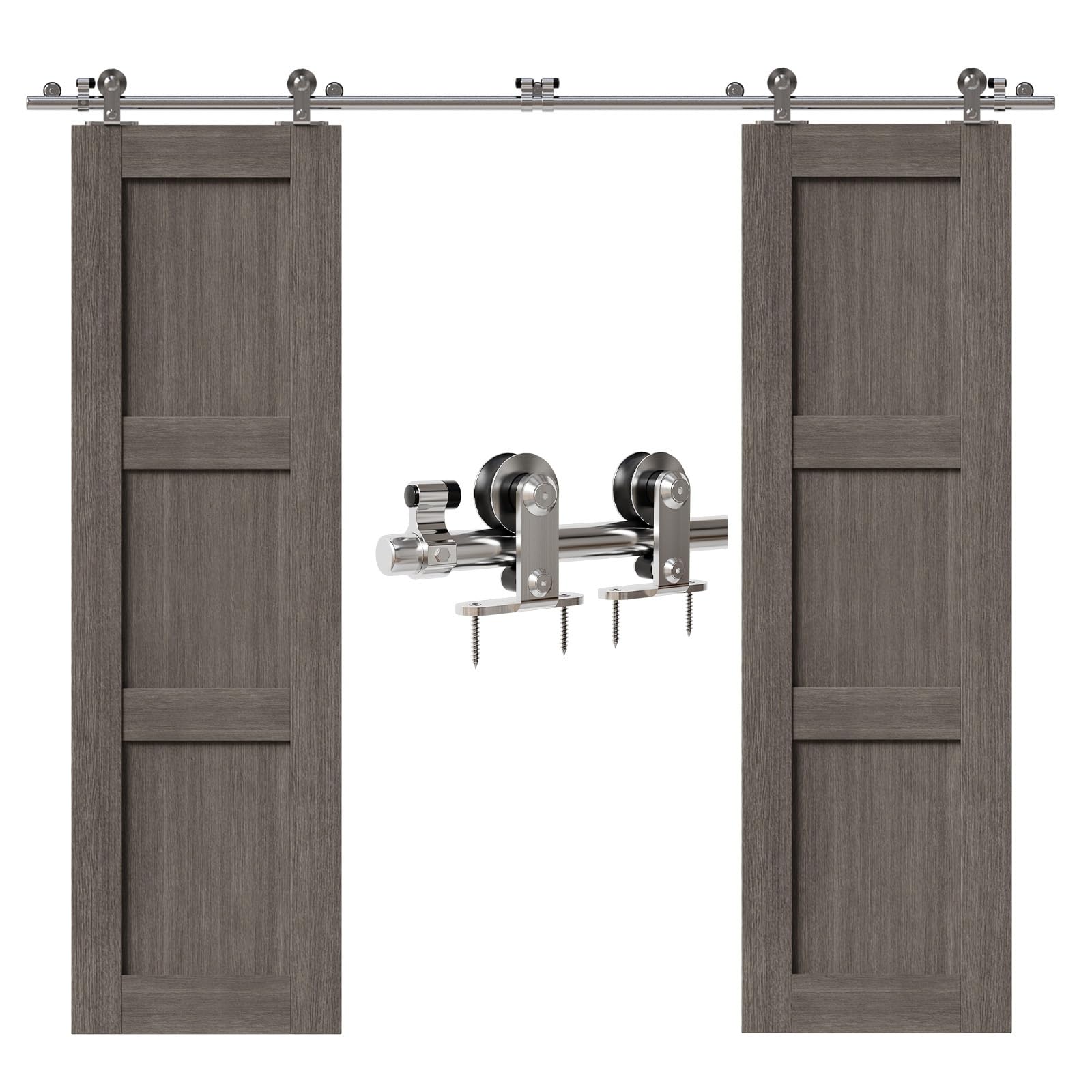 CCJH 6FT/183cm Stainless Steel Sliding Barn Wood Door Hardware Track Kit Top T Mount Roller Hanger Set for Double Door