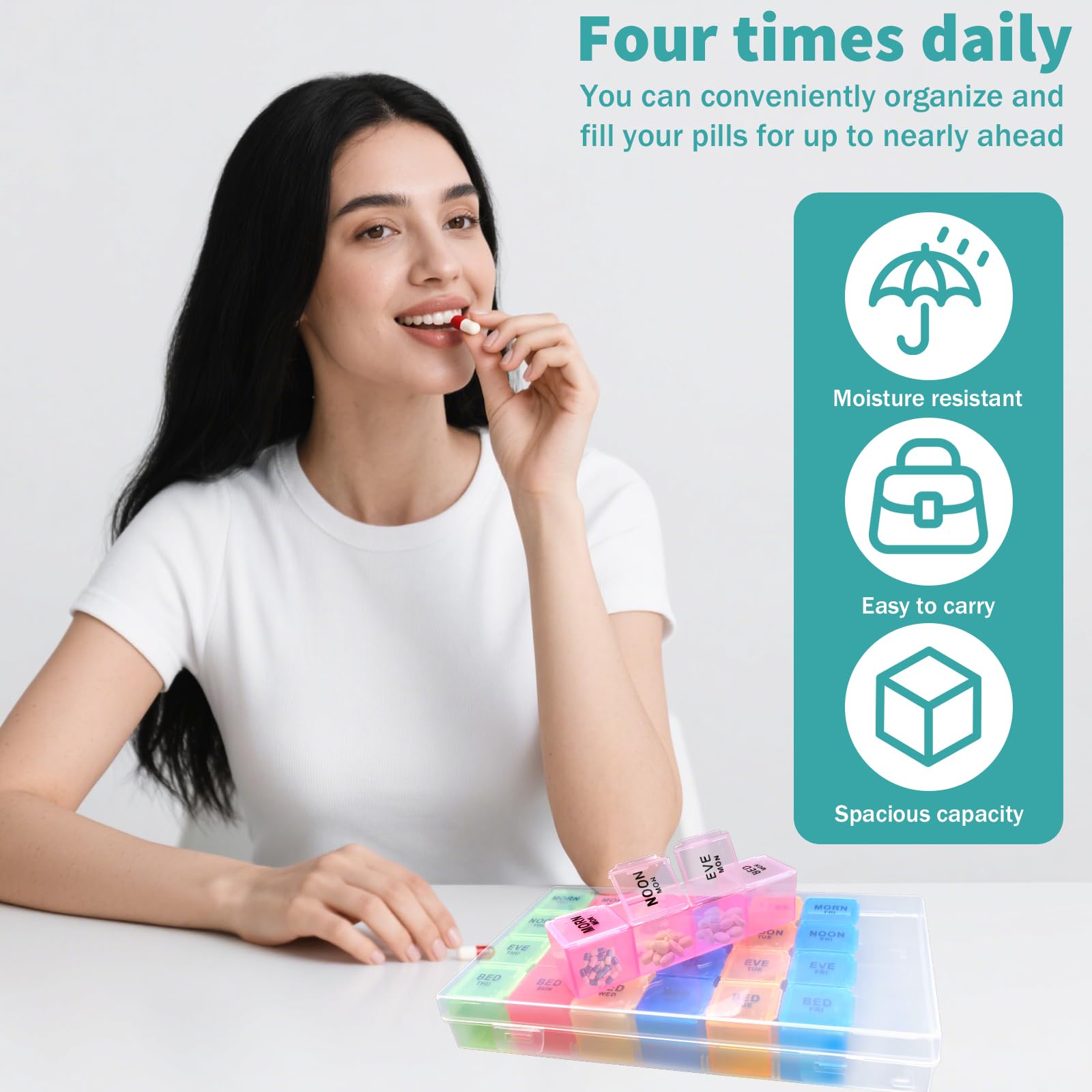 Lot de 9 piluliers hebdomadaires étanches pour médicaments 4 fois par jour 7 jours pour les voyages quotidiens pour vitamines et suppléments d'huile de poisson