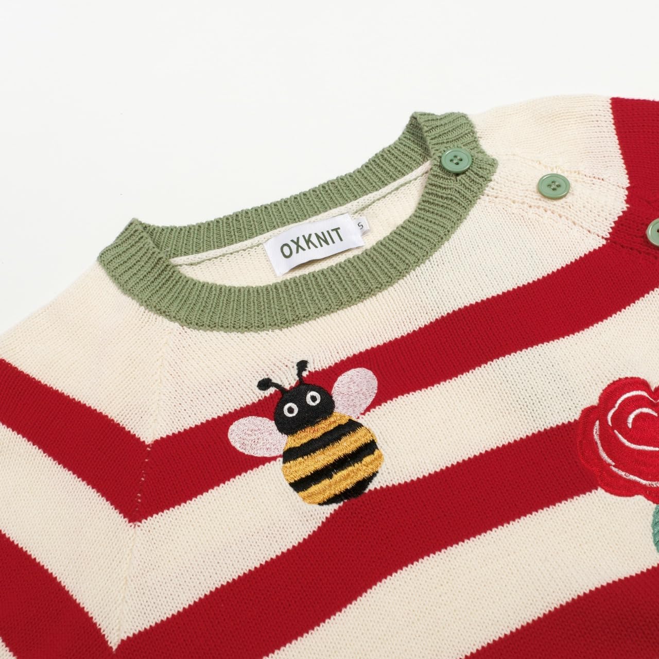 OXKnit Damen Strick T-Shirt mit Biene und Rose Bestickt Motiv Rundhals Kurzarm 1960er Jahre Retro Streifen Stricken Top Weiß Grün Rot