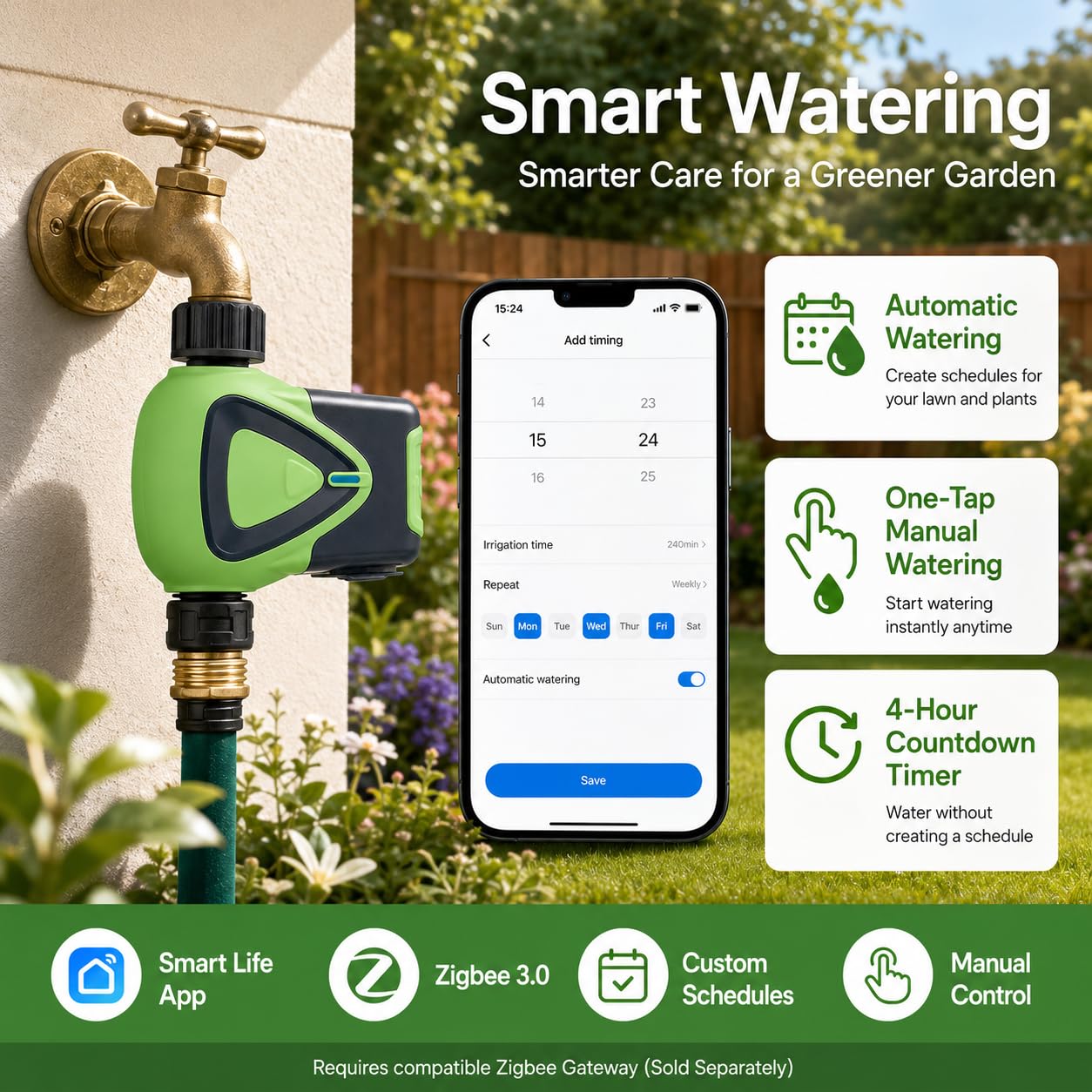 Programmateur Arrosage Zigbee Automatique, Minuteur Jardin Connecté | Programmateur arrosage Zigbee avec Smart Life, horaires personnalisés, compte à rebours et contrôle intelligent pour jardin