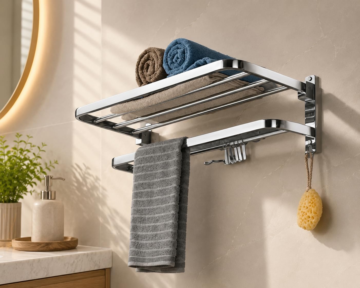 OSLEN Stainless Steel Dual Foldable Towel Rack for Bathroom Wall Mounted/Towel Stand/Adjustable Towel Hooks and Towel Bar/Hanger/Bathroom Accessories (Mirror Finish) 2