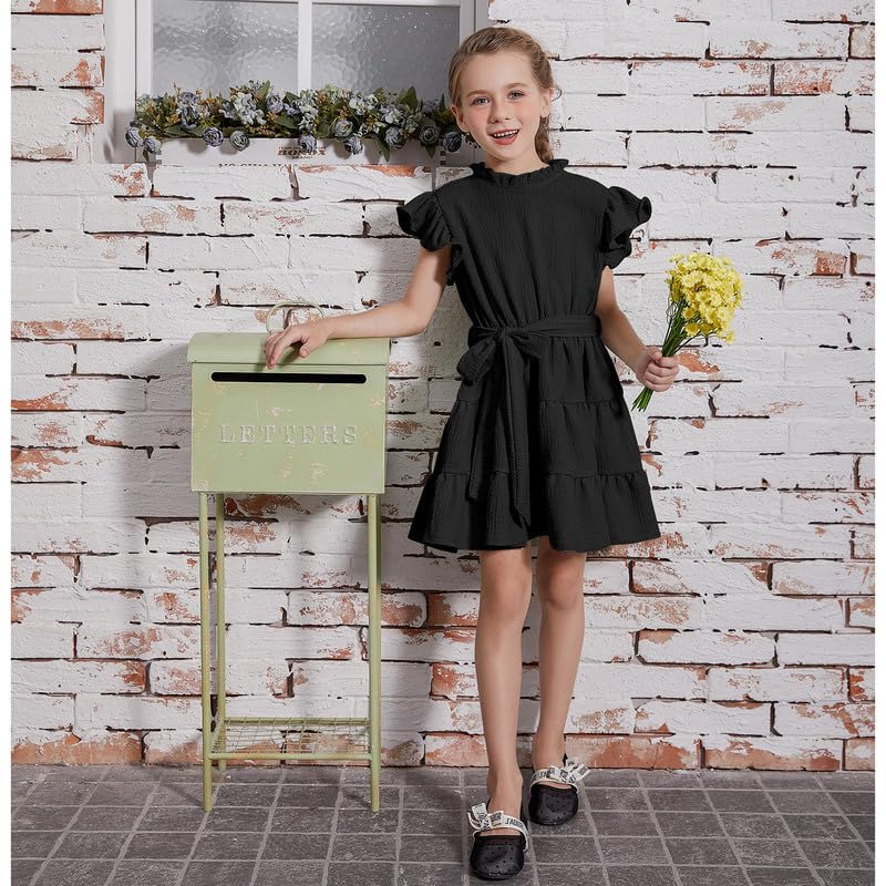CHILDRENSTAR Girls Flutter Sleeve Dress Ruffle Tiered Formal Party Dresses Belted for Kids 3-13Y4
