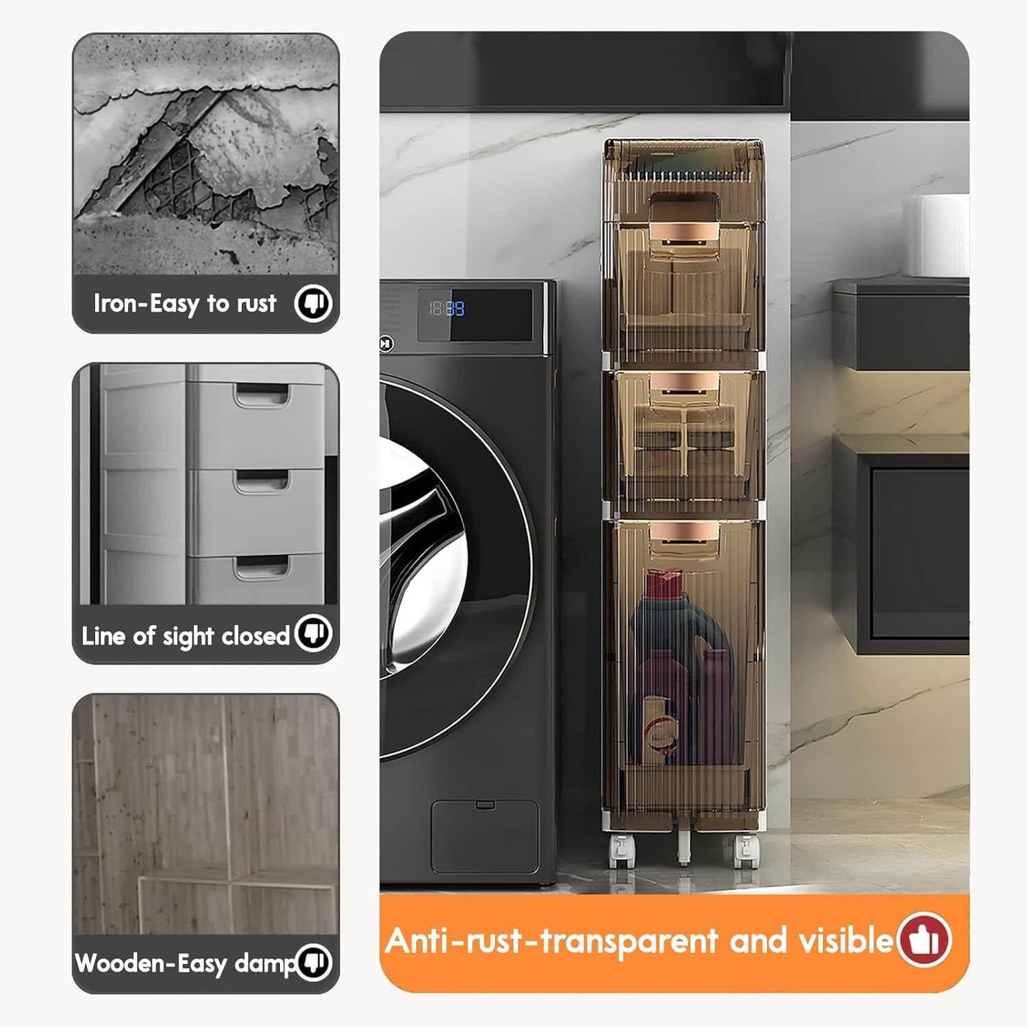 Badezimmerschrank, schmal, wasserdicht, Kunststoff, mit Türen und Feststellrollen, ideal für Toilettenpapier, Küche und Waschküche, Nizat 5. Etage Seitenturm