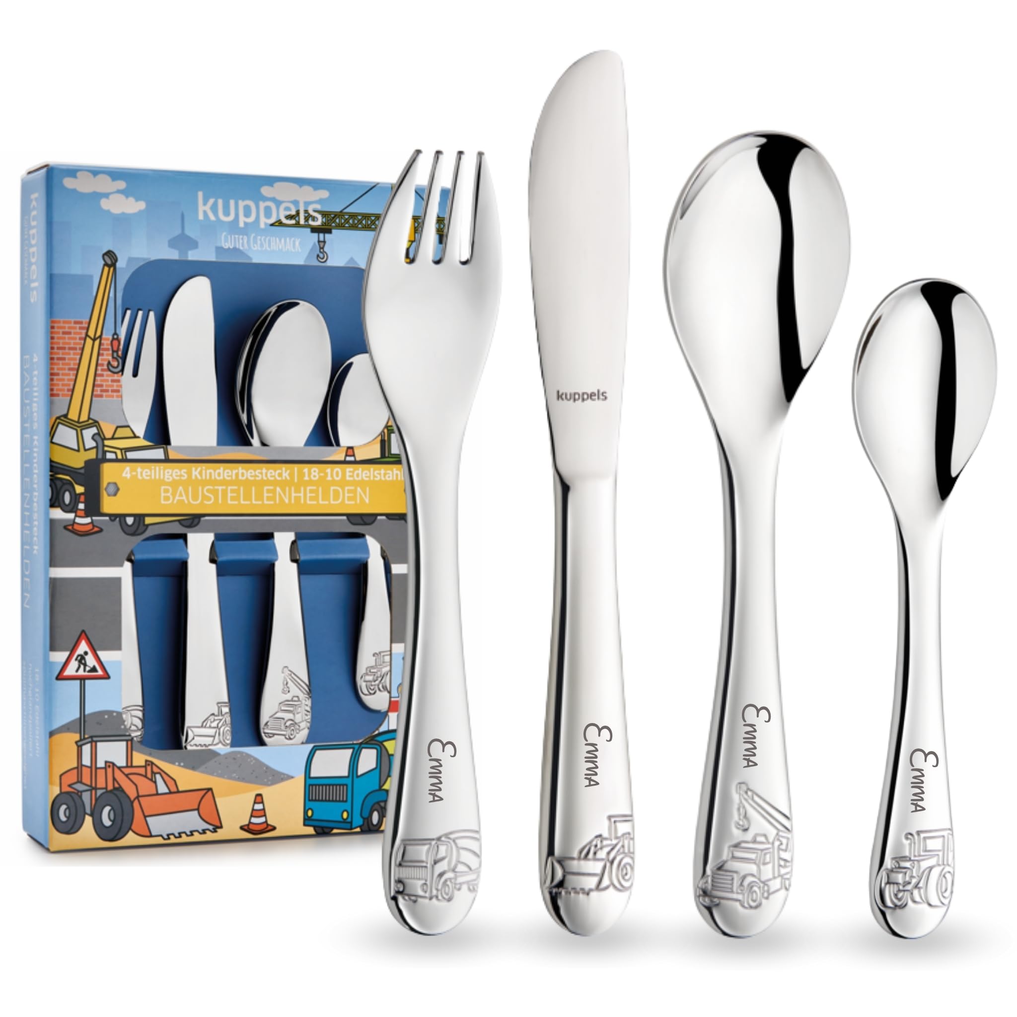 Kuppels Kinderbesteck mit Namensgravur – Kinder Besteck Set ab 3 Jahre, 4-teilig, Edelstahl, spülmaschinengeeignet – personalisiertes Taufgeschenk für Mädchen & Jungen, Baustellenhelden