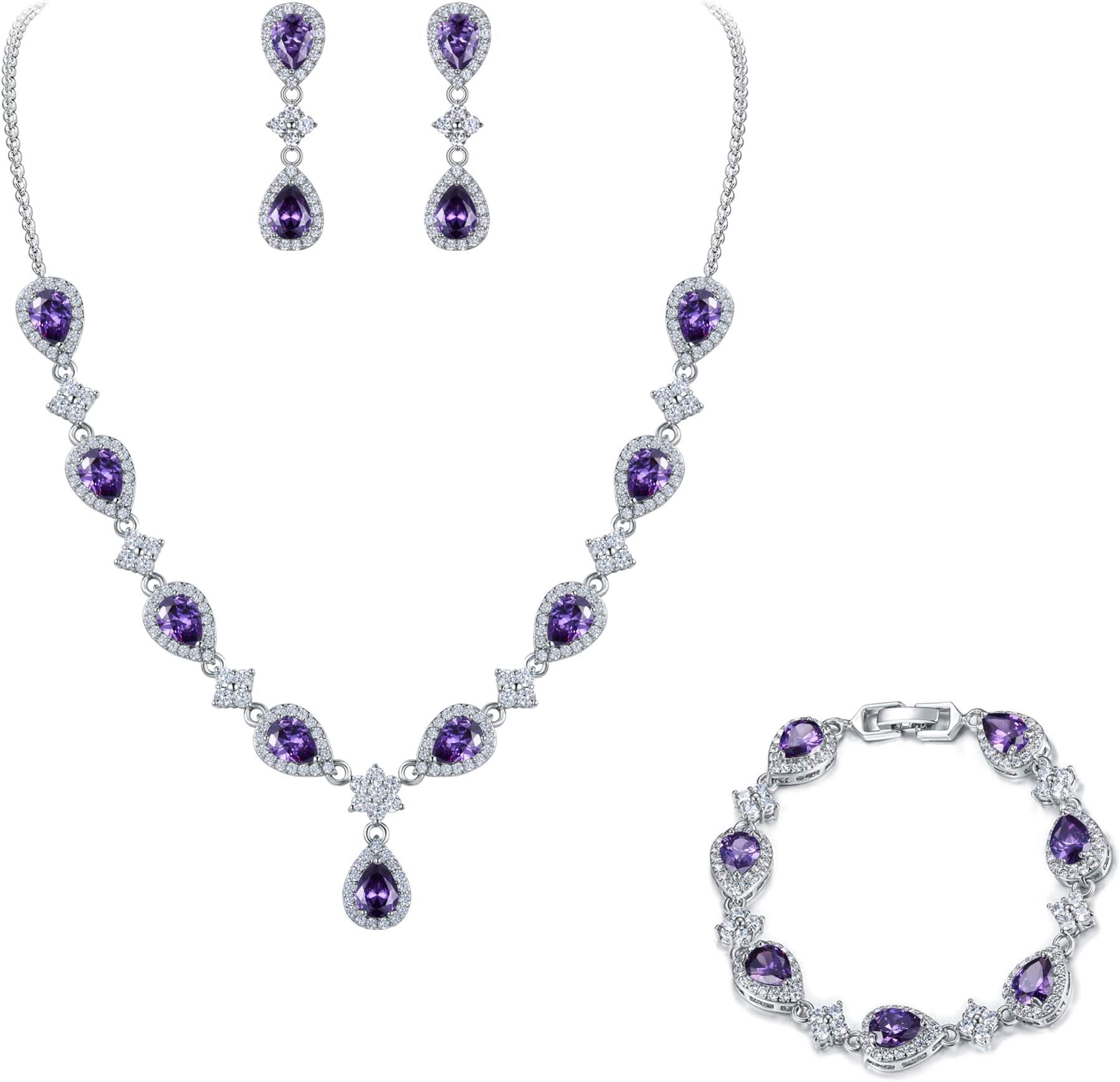 Women's Silver-Tone Cubic Zirconia Teardrop Flower Bridal V-Necklace Sets Tennis Bracelet Dangle Earrings for Wedding Bridesmaids