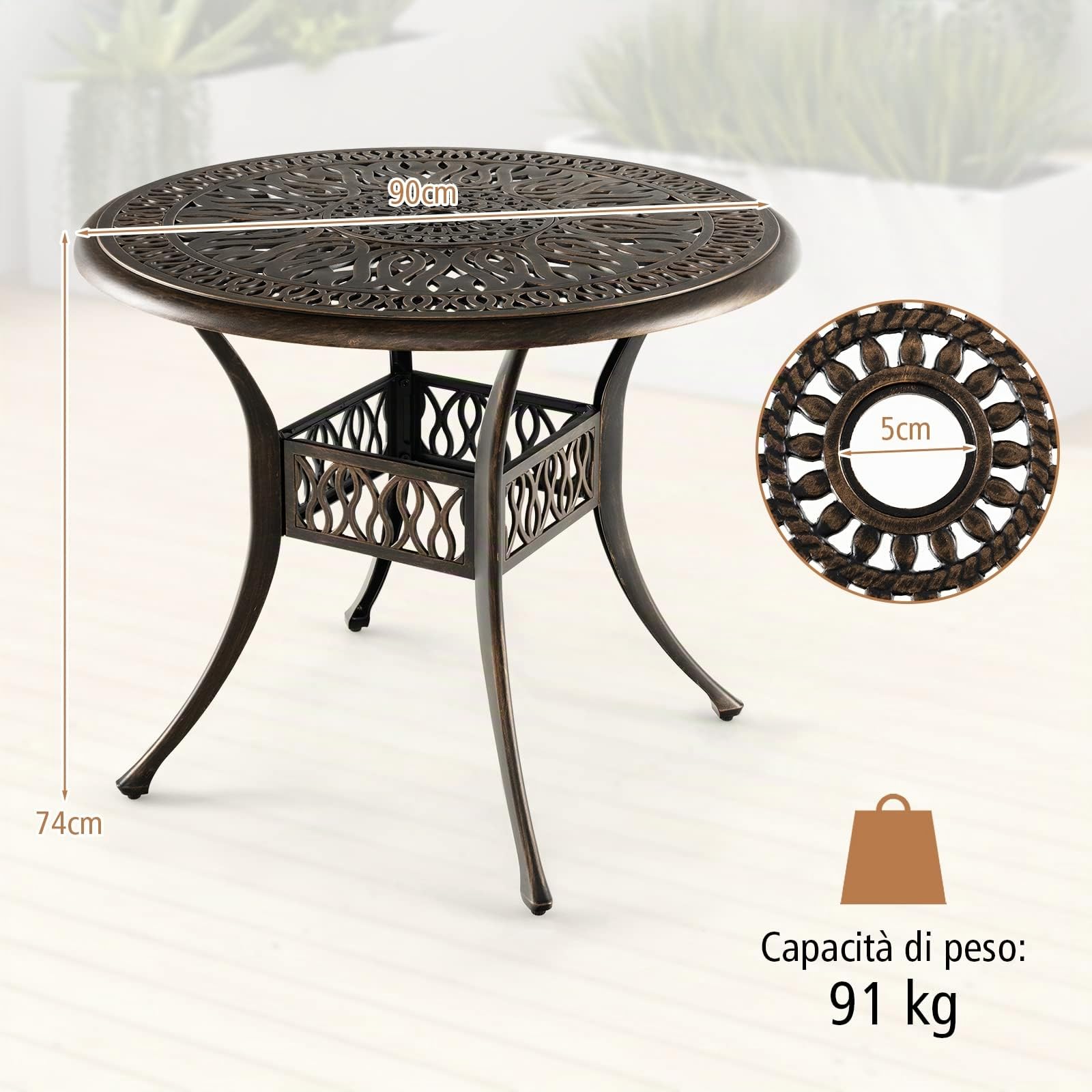 COSTWAY Tavolo da Pranzo 90 cm, con Foro per Ombrellone 5 cm | Tavolo da Esterno in Alluminio, Piedini Regolabili, Mobile Rotondo da Giardino Esterno, 90 x 74 cm