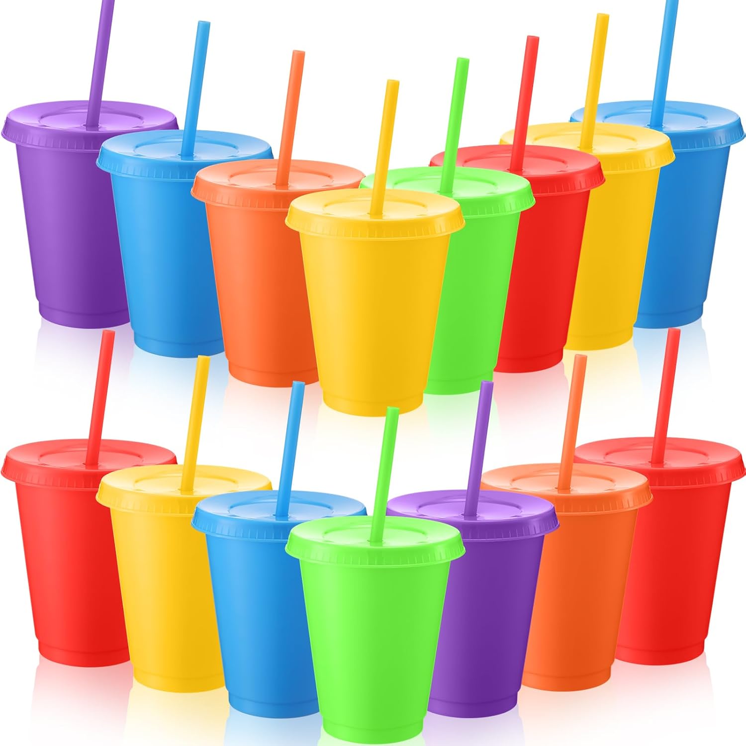 Sieral 15 Pack Cups with Lids and Straws Kids Tumbler with Straw Reusable Water Bottle Iced Coffee Travel Mug Adults Plastic Cups for Parties 16 oz (Bright Colors)