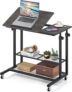 Giantex Mobile Standing Desk, Adjustable Rolling Computer Desk w/Tilting Desktop & Storage Shelves, PC Laptop Table, Small Compact Desk on Wheels for Small Space, Living Room & Bedroom (Black Oak)