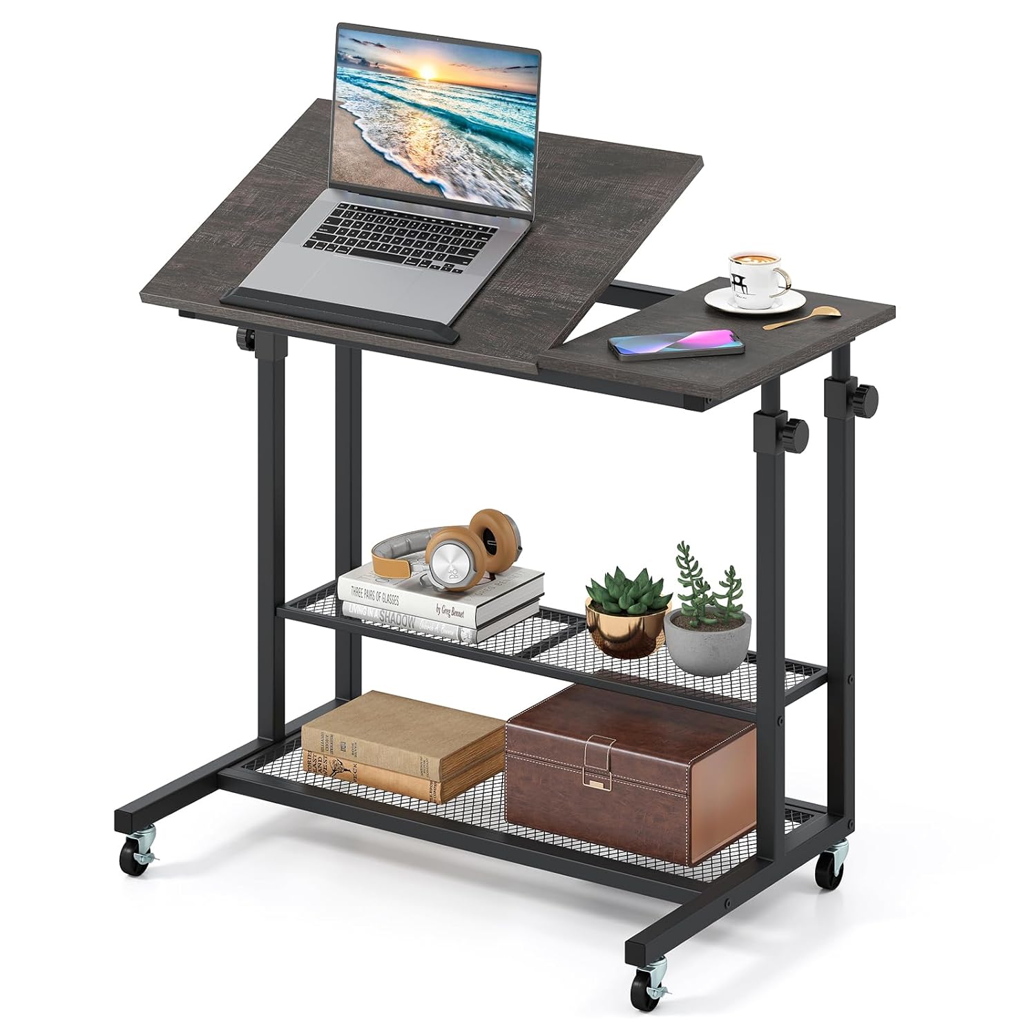 Giantex Mobile Standing Desk Adjustable Rolling Computer Desk w Tilting Desktop Storage Shelves PC Laptop Table Small Compact
