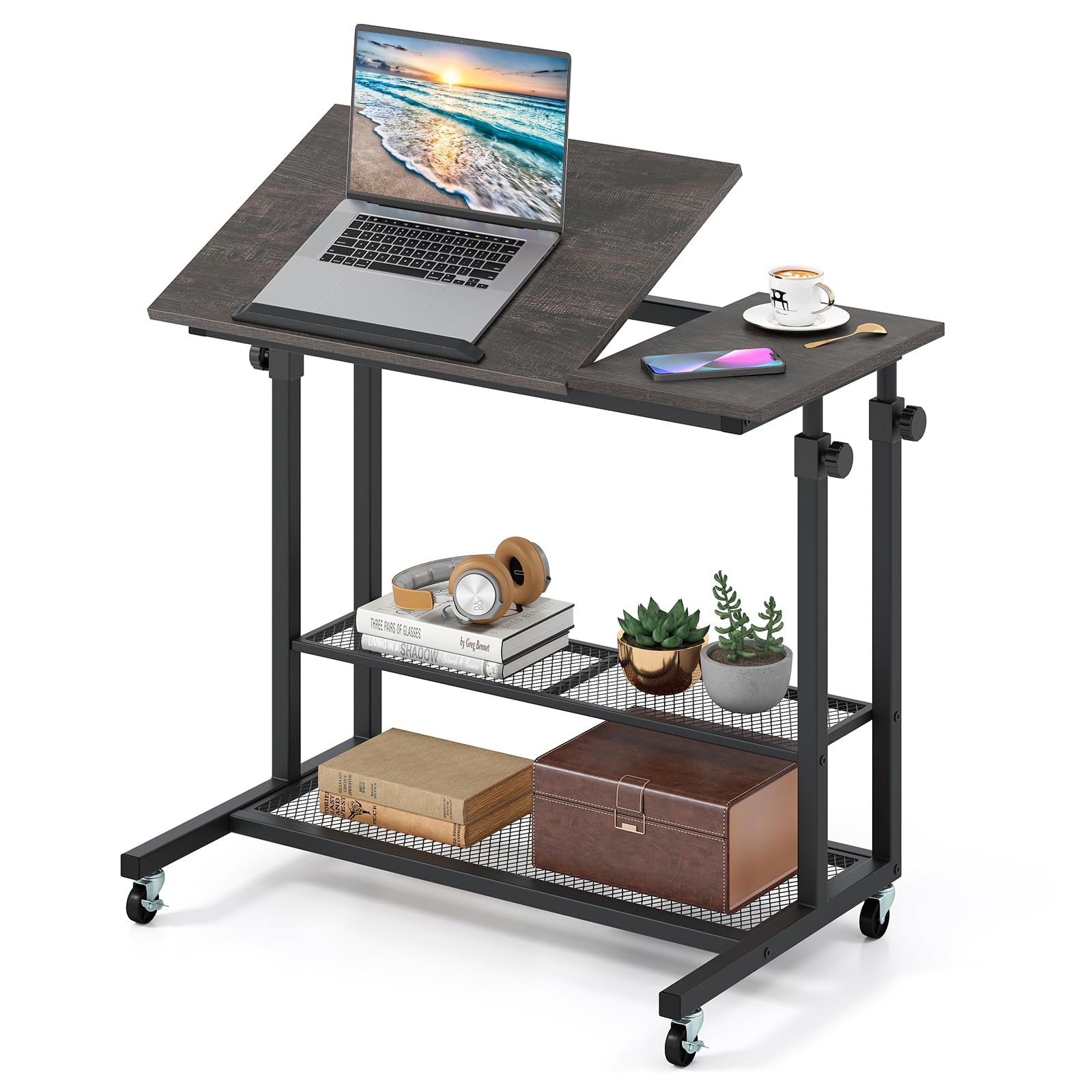 Giantex Mobile Standing Desk Adjustable Rolling Computer Desk w Tilting Desktop Storage Shelves PC Laptop Table Small Compact