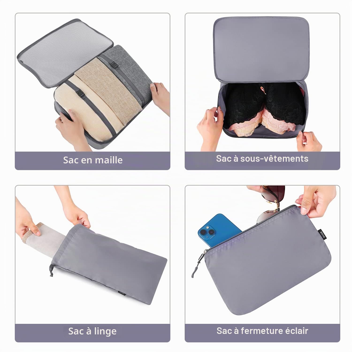 BAGAIL Lot de 10 cubes de rangement, différentes tailles, organisateur de voyage, accessoires de voyage, valise de bagage, bagage cabine - Gris