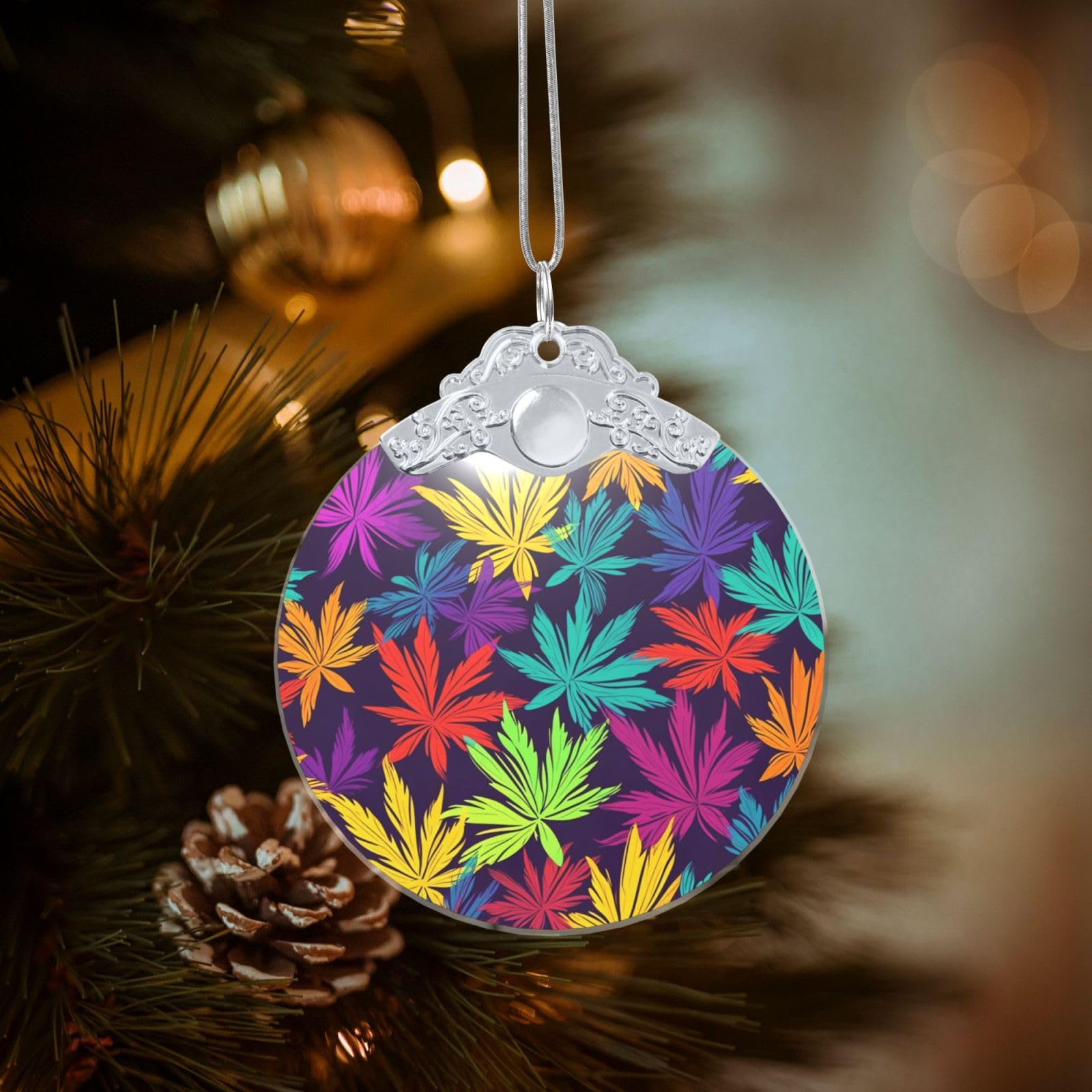 Crystal Christmas Ornaments for Christmas Tree Decoration Hanging Bright Colorful Weed Pattern Ornament with Gold Ribbon Crafts Round Pendant for Keepsake Gifts Glass Xmas Decor Party Supplies