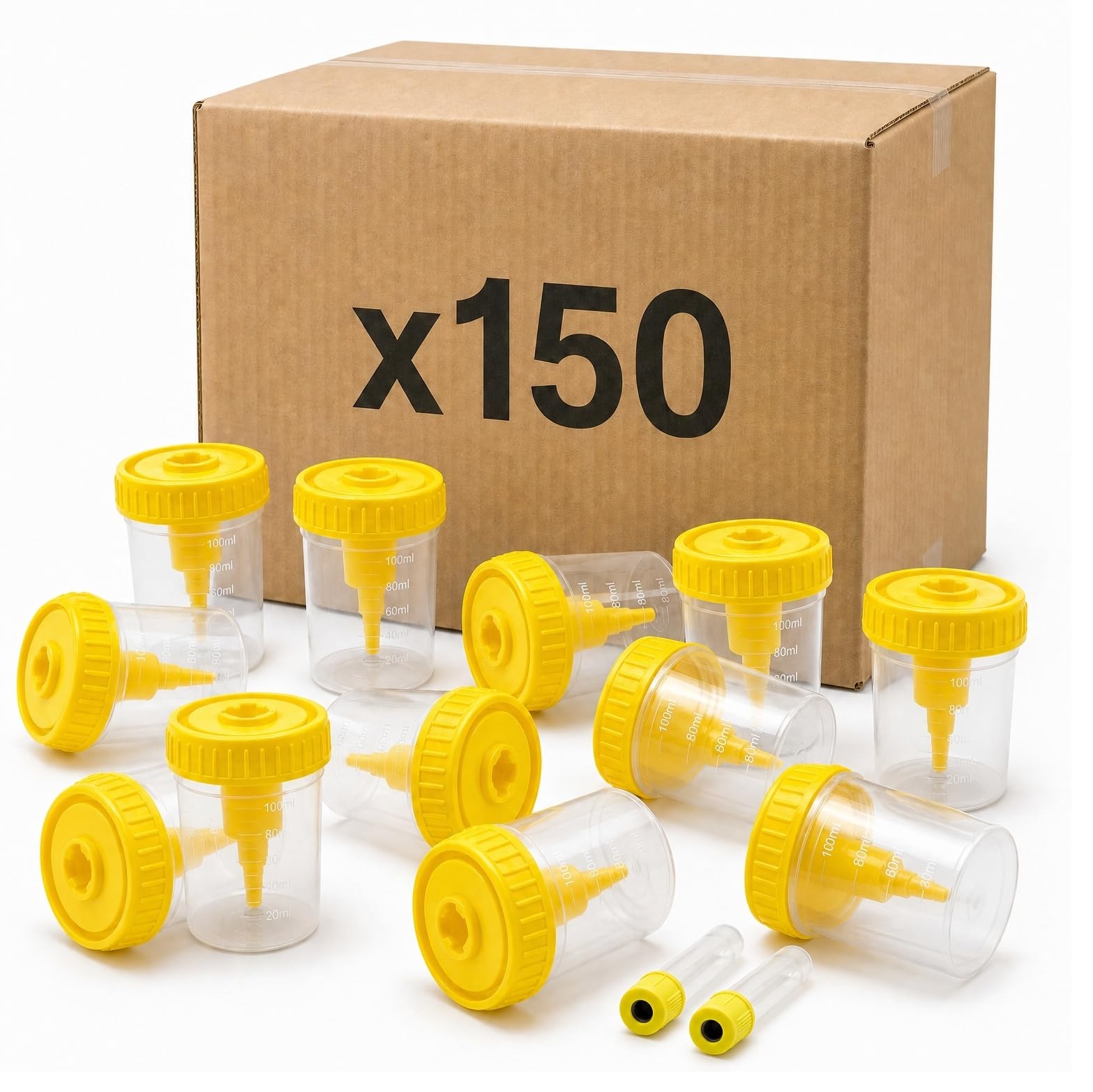 KMINA Kit di Raccolta Urine Sottovuoto (150 unità), Set con Contenitore da 100 ml Graduato e Provetta a Vuoto da 9 ml, Sistema Chiuso e Igienico