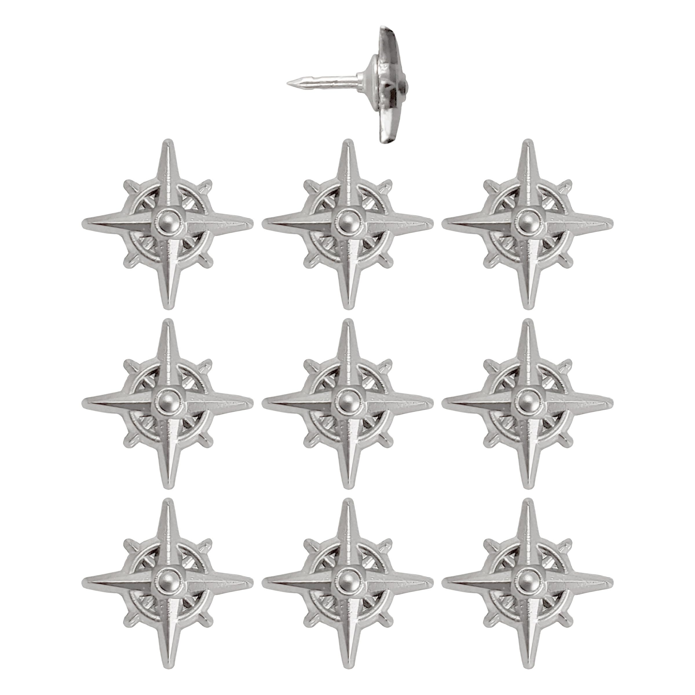 Compass Push Pins - Silver Metal Compass Rose Pins - for Cork Board, Maps, or Lapel Pin Use - Designed in USA - Set of 10