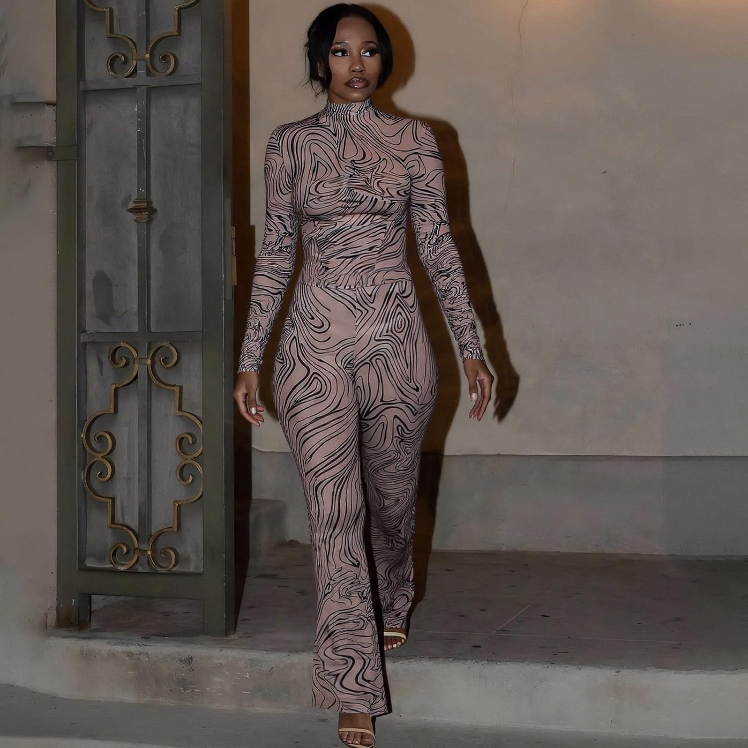 acelyn Women Sexy 2 Piece Sets Mesh Print Long Sleeve Crop Tops and Flare Pants Outfits Y2K Going Out Club Jumpsuit - Image 4