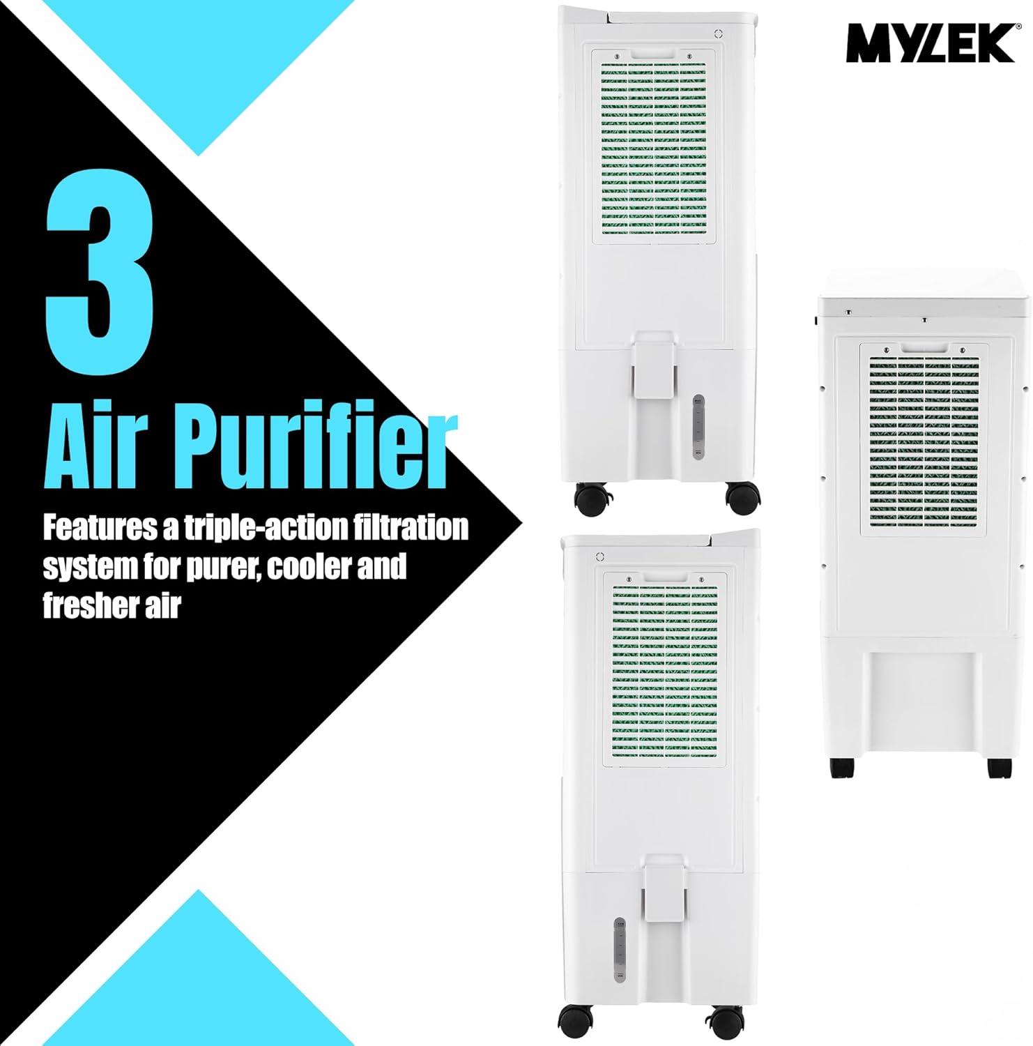 Tři views of the MYLEK Air Cooler, labeled '3 Air Purifier'