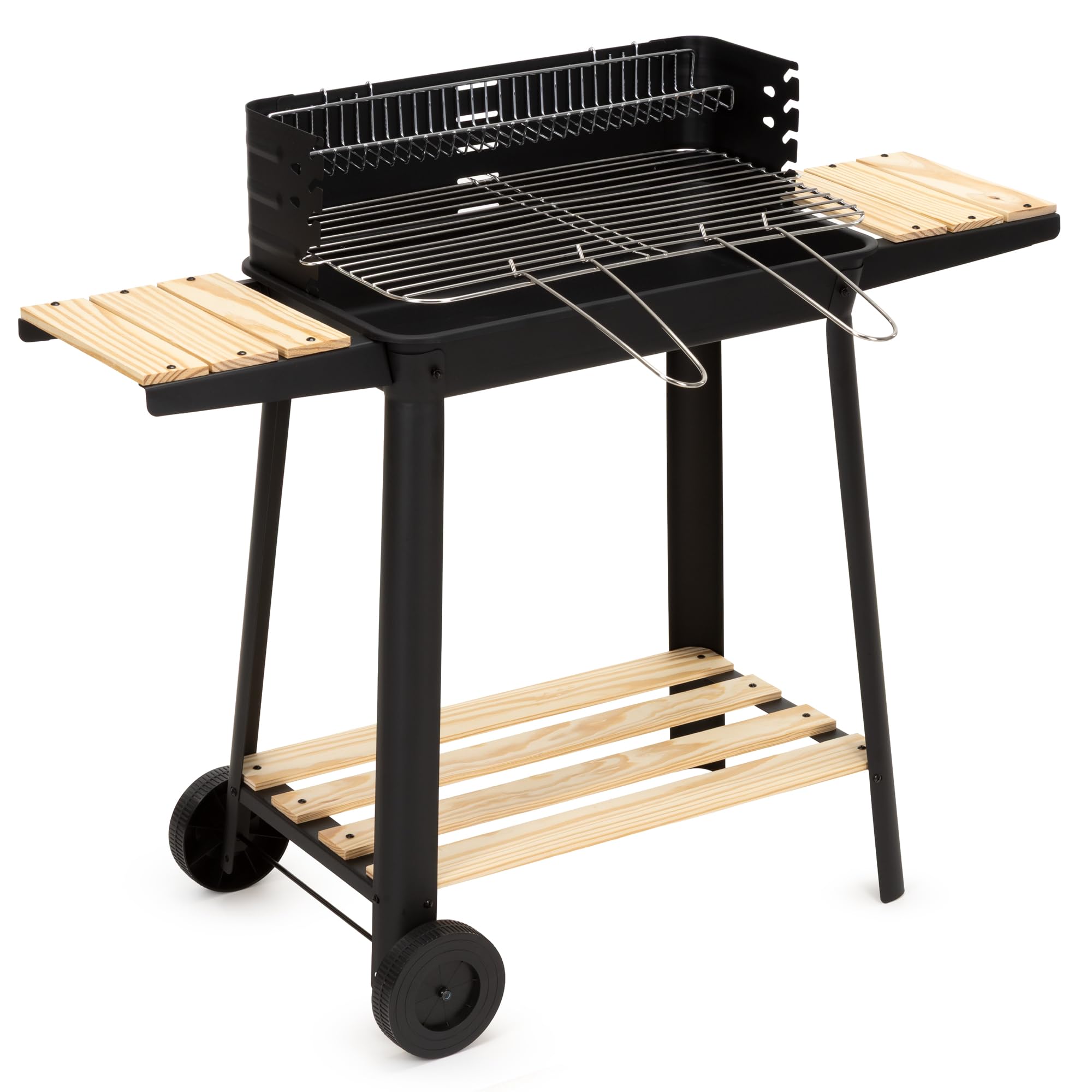 Grill na węgiel drzewny, na kółkach z obrotowym rożnem, ruszt do grillowania z regulacją wysokości, mobilny grill BBQ z rolkami, z półkami bocznymi, ruszt do podgrzewania, grill ogrodowy, na taras
