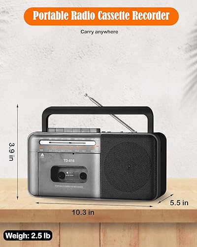 Miniatura 7 de Reproductor de cinta de casete Boombox con Bluetooth, grabadora de casete de radio AM FM SW portátil, altavoz de 8 W y conector para auriculares