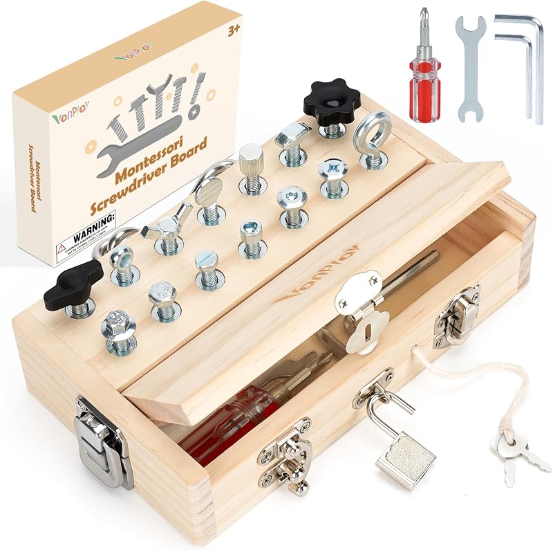 Vanplay Montessori Busy Board Toys for 3 4 5 Year Olds Boy Birthday Gifts | Screwdriver Board Set with Lock and Key, Wooden Kid Tool Set, Educational Learning Toys for Kids 3-6, Focus & Coordination