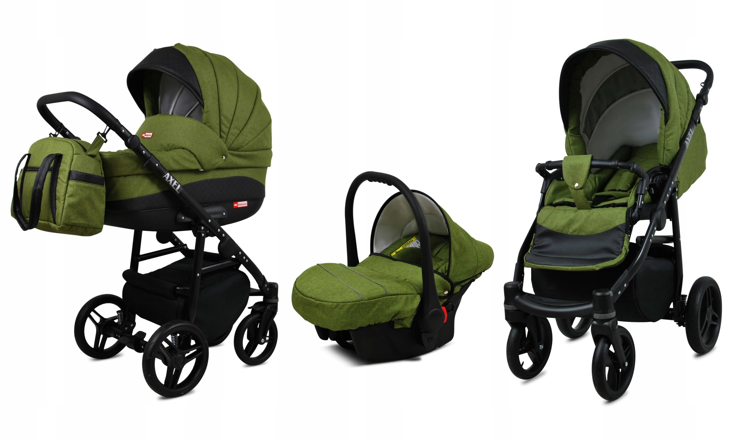 BabyLux® Carrito de Bebé Sistema de Viaje Set 3 en 1 - Axel - incl. Capazo, Silla de Paseo, Silla Coche - Cochecito - con Bolso cambiador, Cubierta para la lluvia, Mosquitera etc.