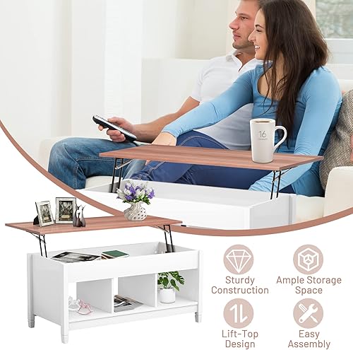 Miniatura 15 de COSTWAY Mesa auxiliar elevable, con compartimento de almacenamiento oculto y 3 estantes abiertos, mesa de té rectangular de cóctel con patas de